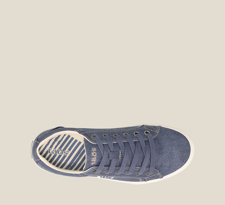 Top down Angle of Plim Soul Blue Wash Canvas Canvas sneaker with laces,polyurethane removable footbed with rubber outsole 6