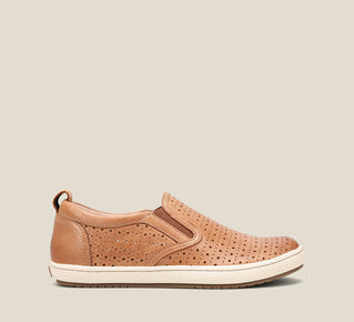 Load image into Gallery viewer, Side image of Court Caramel slip on sneaker with perforations and rubber outsole.
