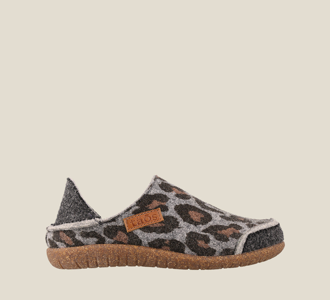 "Outside Angle of Convertawool Charcoal Leopard Wool Wool slip on with back, wool lined, featuring a removable footbed & TR outsole - size 36"