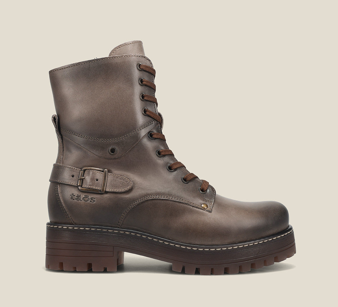 Instep Angle of Gusto Smoke lace up combat boot with removable footbed and rubbe outsole