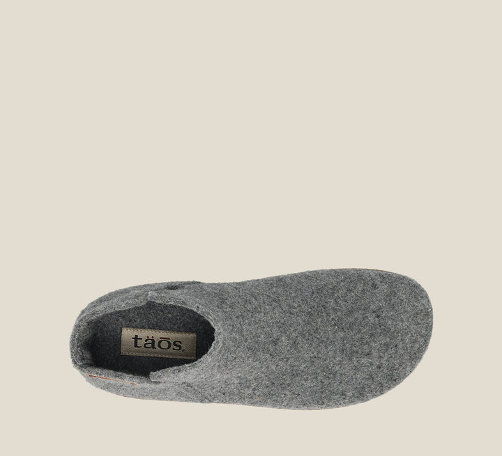 Top down Angle of Good Wool Grey Short wool pull on bootie, wool lined, with a removable footbed &TR outsole 36