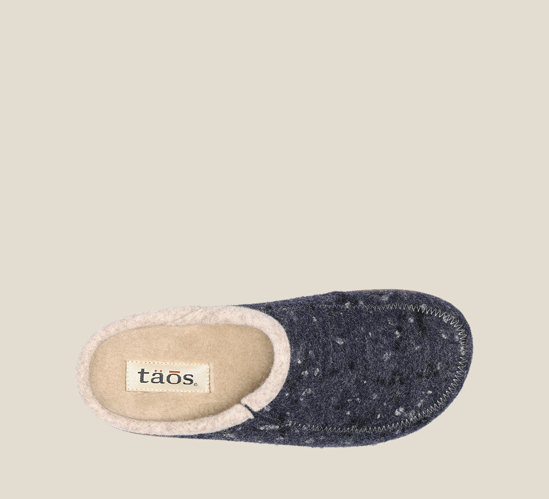 "Side image of Woollery Navy Two-tone wool slip on clog with cork detail