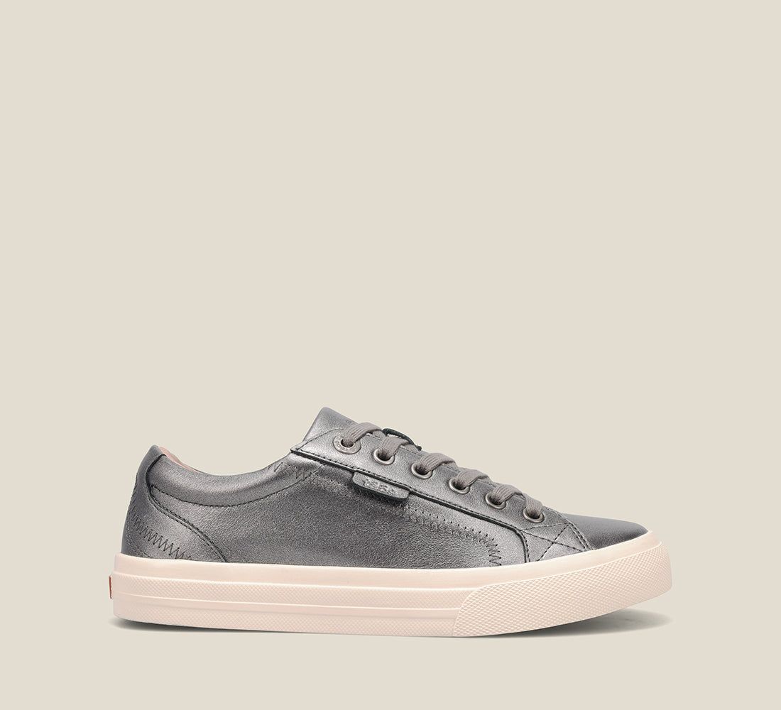 Outside Angle of Plim Soul Lux Pewter Leather leather sneaker featuring a polyurethane removable footbed with rubber outsole 6
