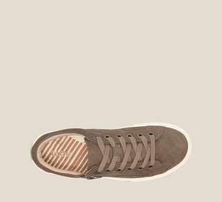 Load image into Gallery viewer, Top down image of Z Soul Dark Taupe Nubuck canvas lace up sneaker featuring an outside curves &amp; pods removable footbed &amp; rubber outsole
