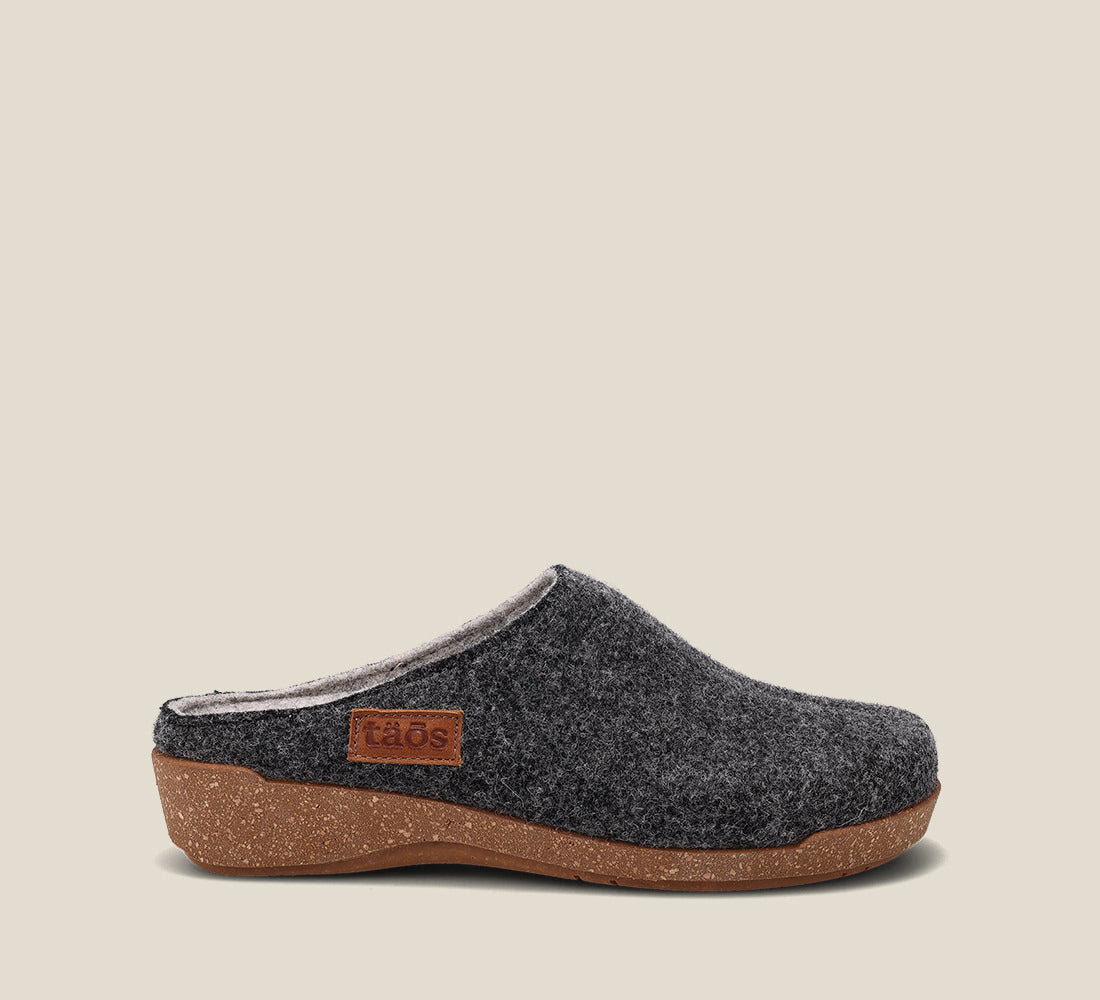 Outside Angle of Woollery Charcoal Two-tone wool slip on clog with cork detail, a footbed, & rubber outsole 36