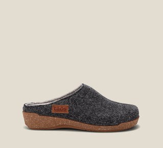 Load image into Gallery viewer, Outside Angle of Woollery Charcoal Two-tone wool slip on clog with cork detail, a footbed, &amp; rubber outsole 36
