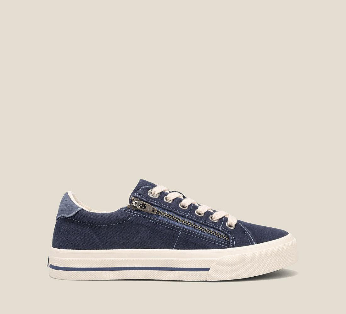 "Instep of Z Soul Navy/Indigo Distressed Canvas lace up sneaker featuring an outside zipper