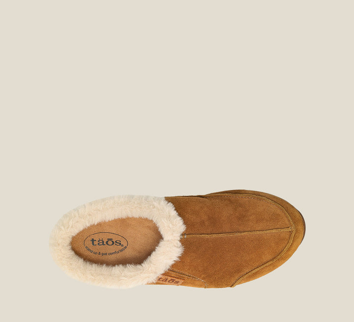 Top down Angle of Future Chestnut Suede Water resistant suede slip on clog with faux fur lining, a removable footbed, &rubber outsole 6