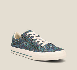 Load image into Gallery viewer, Hero image of Z Soul Teal Floral Multi Canvas lace up sneaker featuring an outside zipper,polyurethane removable footbed with rubber outsole 6
