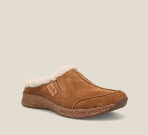 Hero image of Future Chestnut Suede Water resistant suede slip on clog with faux fur lining, a removable footbed, &rubber outsole 6