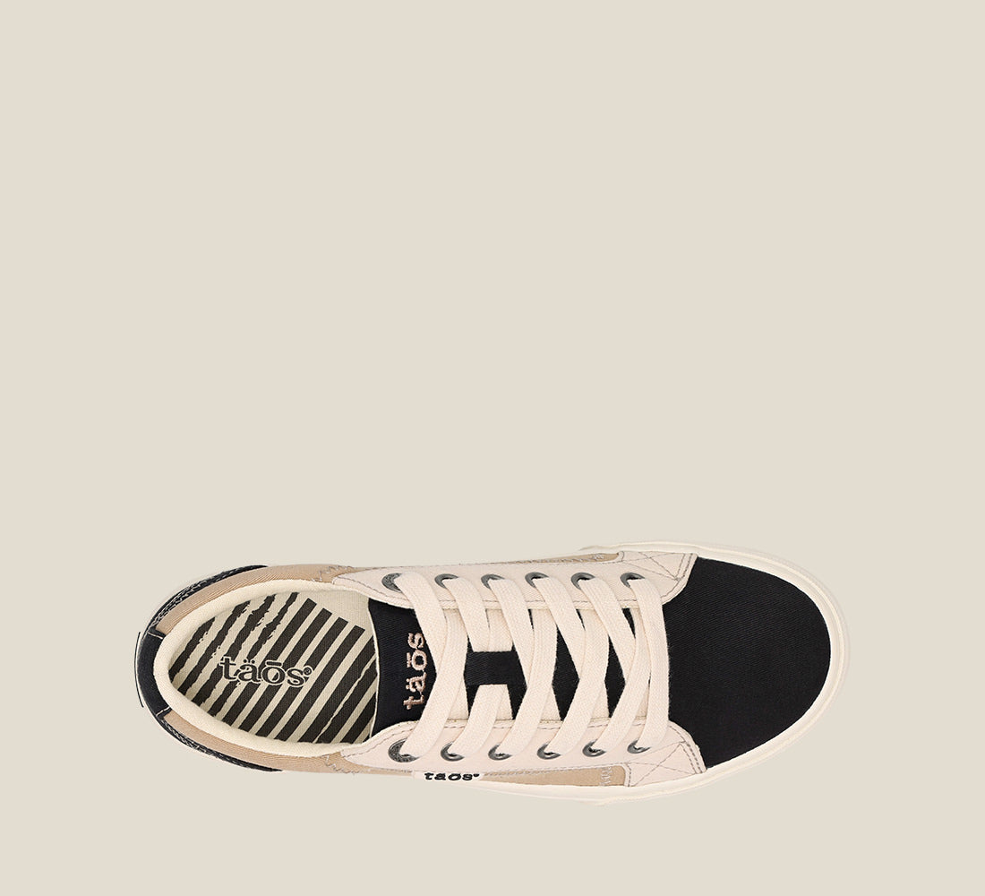 Top image of Plim Soul Black Tan Multi Canvas lace up sneaker with removeable footbed.