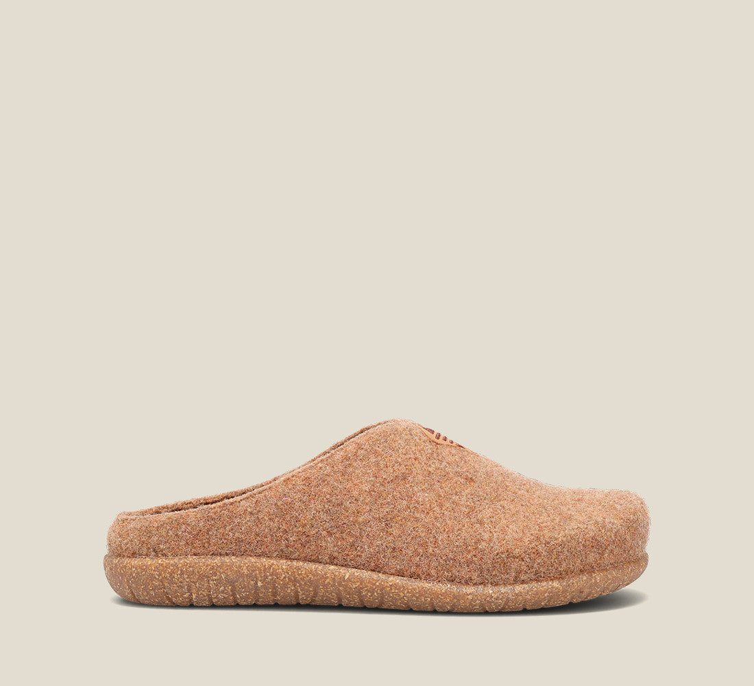 "Side image of My Sweet Wool New Tan Wool clog with featuring a removable footbed with arch & metatarsal support, & TR outsole."