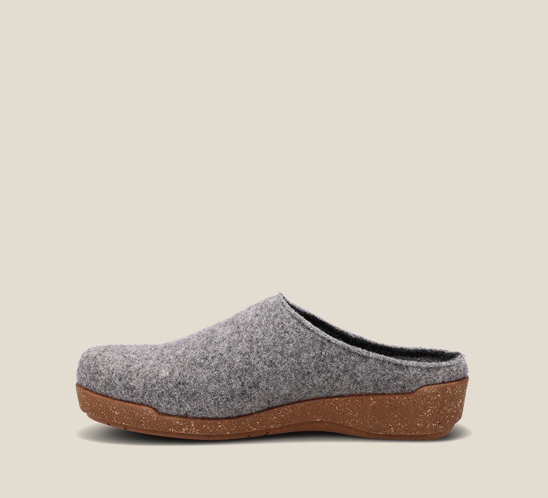 Instep of Woollery Grey Two-tone wool slip on clog with cork detail, a footbed, & rubber outsole 36