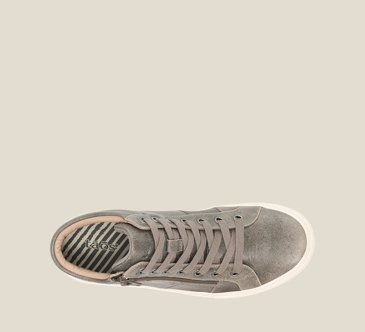 Top down image of Winner Olive Fatigue High top leather sneaker featuring lace up adjustability & an outside zipper and removable footbed with rubber outsole