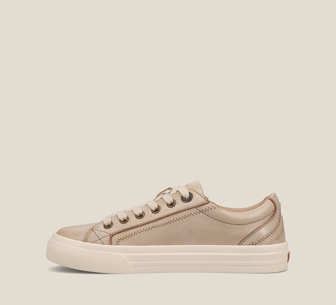 Outside Angle of Plim Soul Lux Oyster leather sneaker featuring a polyurethane removable footbed with rubber outsole