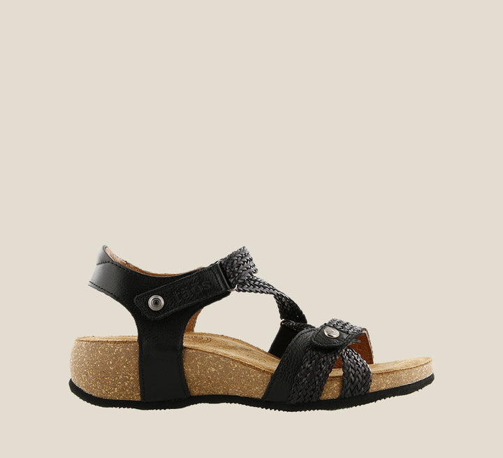 Outside angle of Trulie Black Casual leather sandal with woven hook and loop straps lightweight cork- footbed lined in suede and lightweight Rubberlon outsole. - size 36