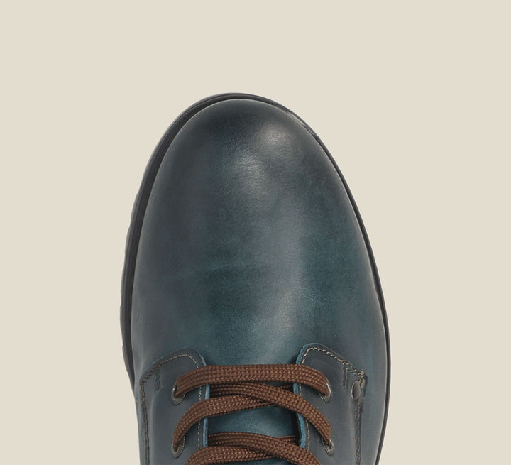 Top down Angle of Gusto Teal lace up combat boot with removable footbed and rubbe outsole