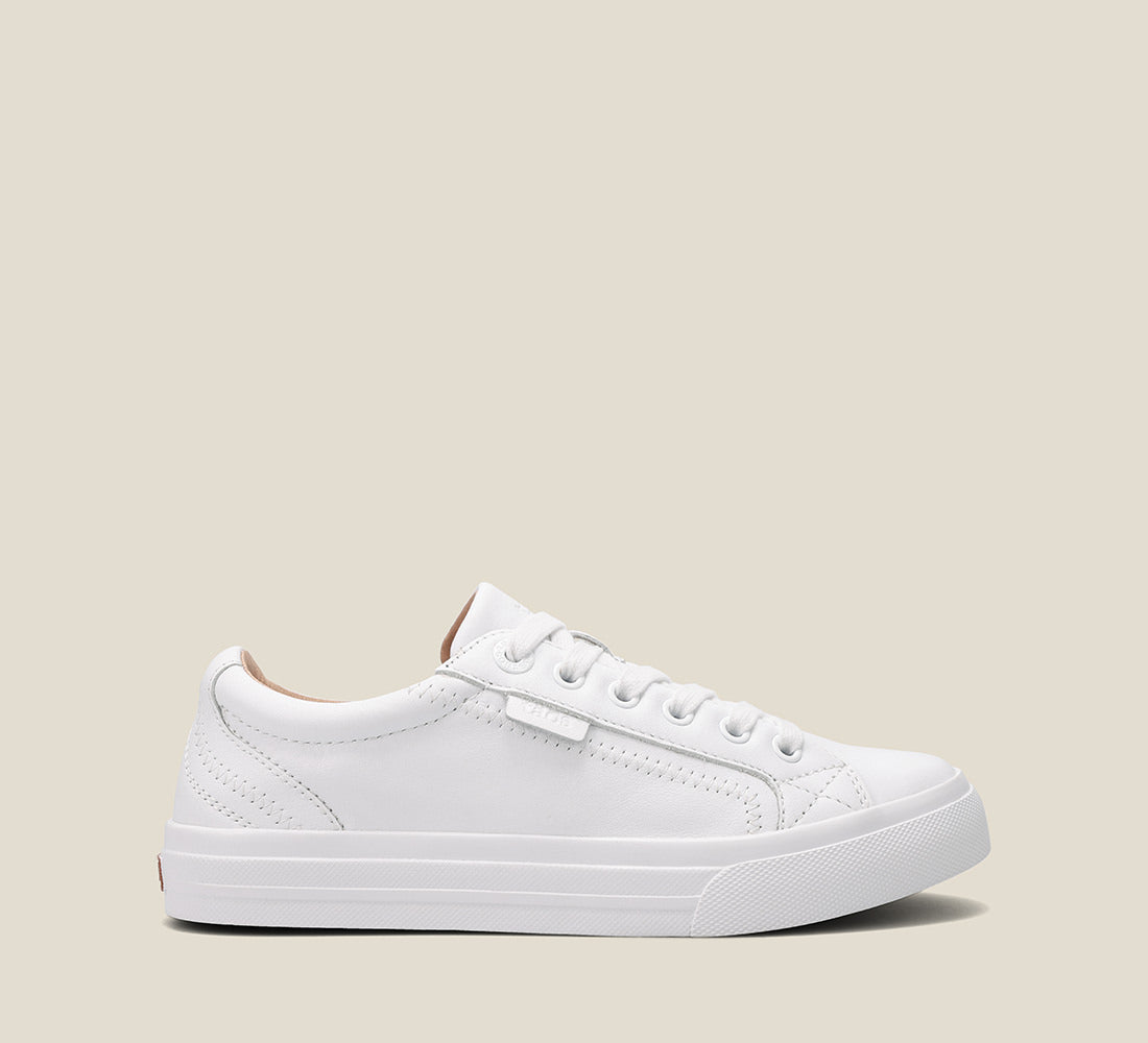 Outside Angle of Plim Soul Lux White Leather leather sneaker featuring a polyurethane removable footbed with rubber outsole 6