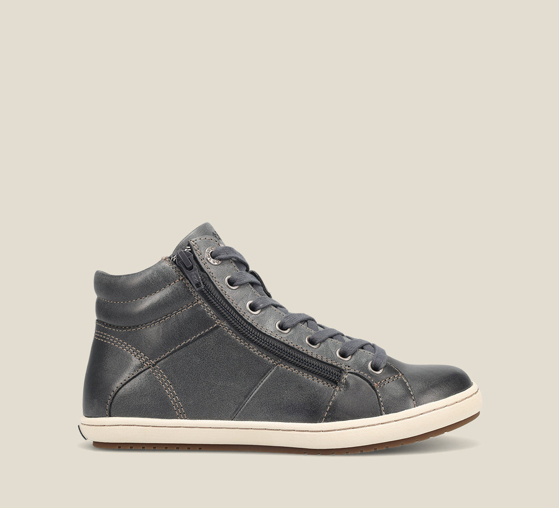 Outside Angle of Union Steel Leather high top sneaker featuring a padded collar, lace up adjustability & outside zipper built with a polyurethane removable footbed with, rubber outsole 6