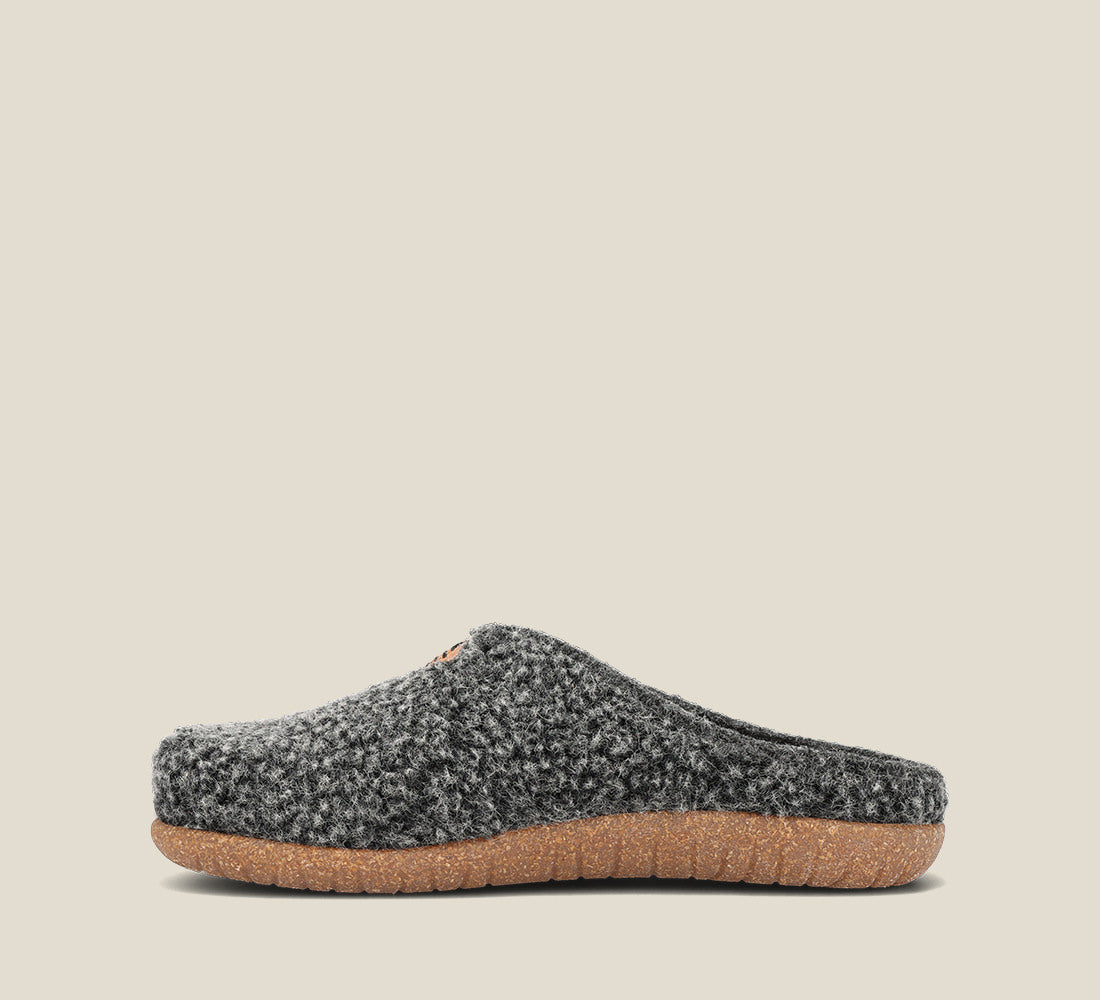 "Side image of My Sweet Wool Charcoal Plush clog with featuring a removable footbed with arch & metatarsal support, & TR outsole."