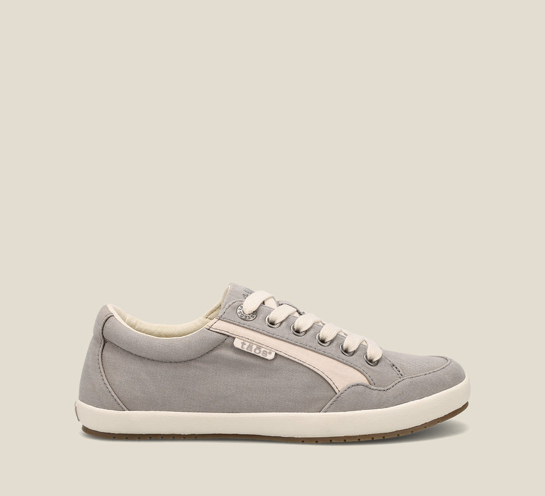 Side image of Shooting Star Grey Beige Distressed Canvas lace up sneaker with removeable footbed.
