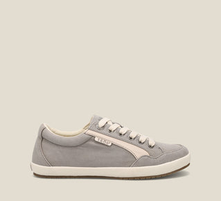 Load image into Gallery viewer, Side image of Shooting Star Grey Beige Distressed Canvas lace up sneaker with removeable footbed.
