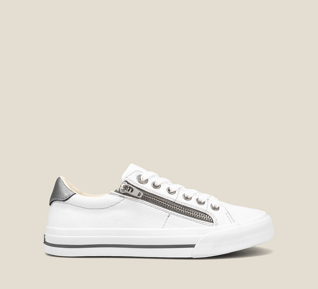"Instep of Z Soul White Pewter Canvas lace up sneaker featuring an outside zipper