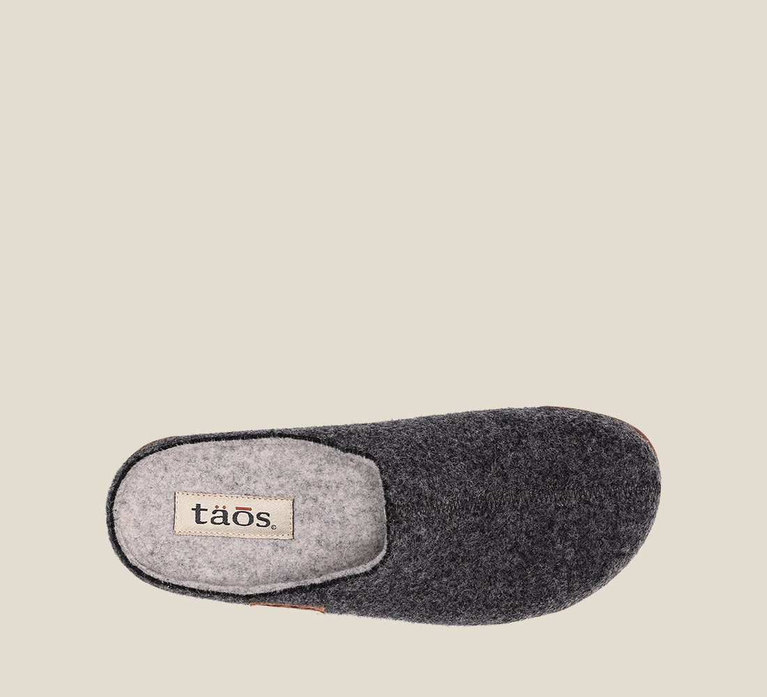 Top down Angle of Woollery Charcoal Two-tone wool slip on clog with cork detail, a footbed, & rubber outsole 36
