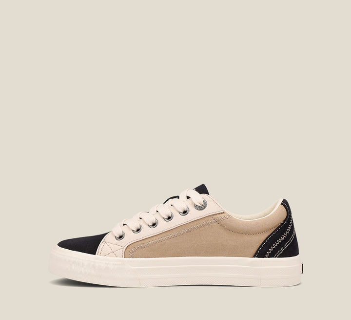 Side image of Plim Soul Black Tan Multi Canvas lace up sneaker with removeable footbed.