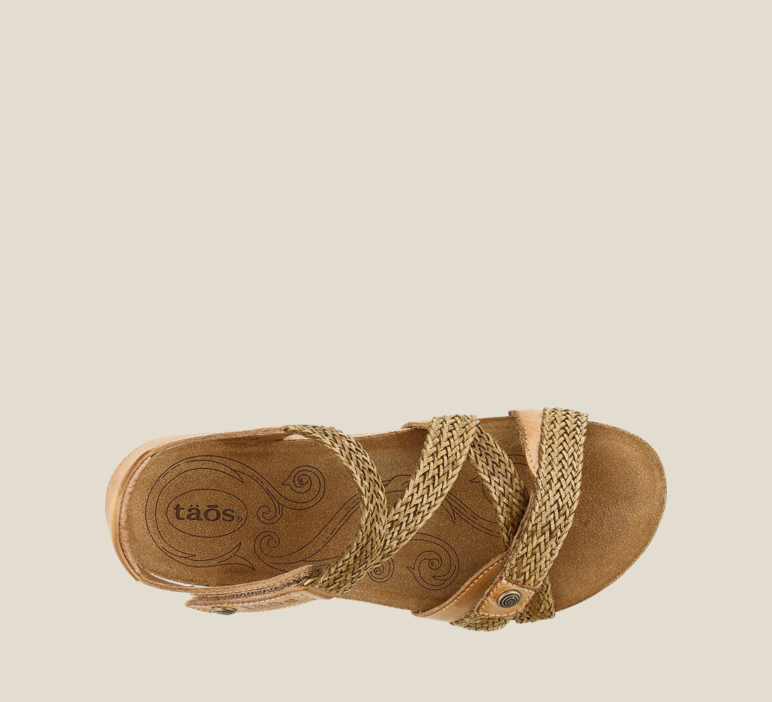 Top down angle of Trulie Camel Casual leather sandal with woven hook and loop straps lightweight cork- footbed lined in suede and lightweight Rubberlon outsole. - size 36