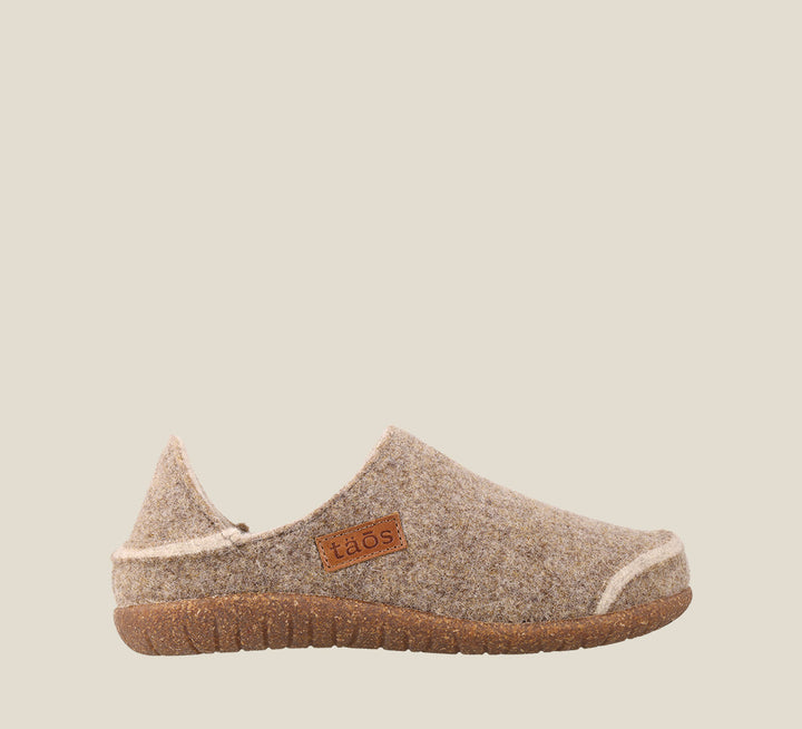 "Outside Angle of Convertawool Warm Sand Wool slip on with back, wool lined, featuring a removable footbed & TR outsole
 - size 38"