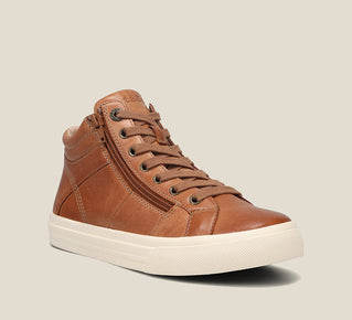 Load image into Gallery viewer, Hero image of Winner Caramel High top leather lace-up sneaker with an  removable footbed, featuring lace up adjustability &amp; an outside zipper. 6
