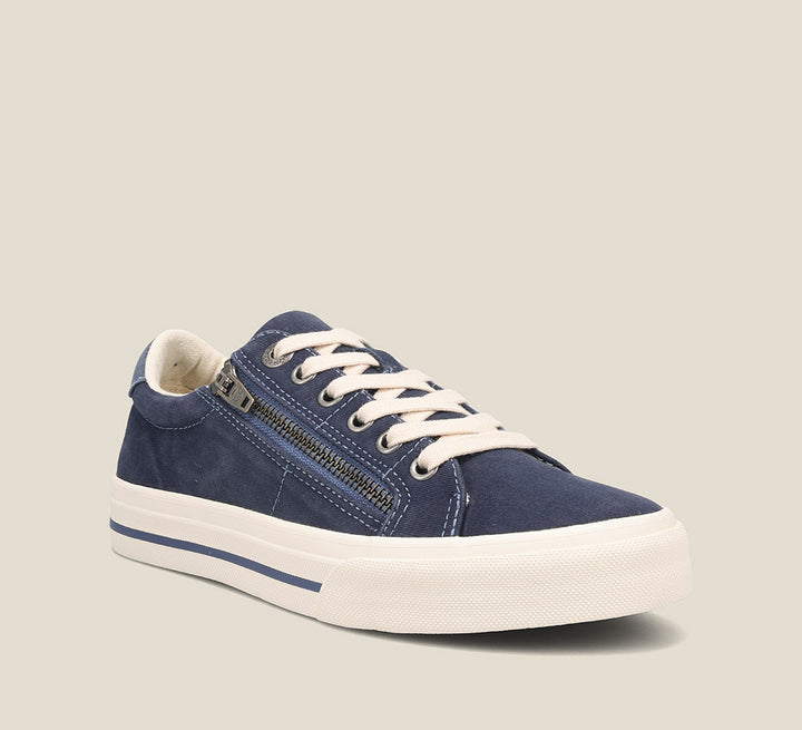 "Hero image of Z Soul Navy/Indigo Distressed Canvas lace up sneaker featuring an outside zipper