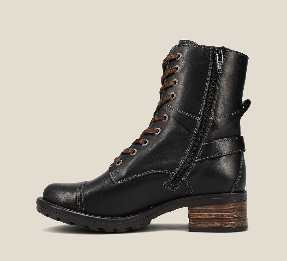 Side image of Crave Black Leather &  boot with buckle & an inside zipper lace-up adjustability.