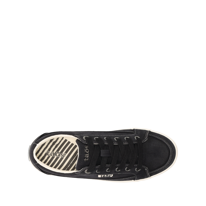 Top down image of Taos Footwear Moc Star 2 Black Distressed Size 7.5