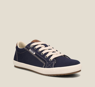 Load image into Gallery viewer, Hero image of Star Burst Navy/Tan Canvas sneaker withÃ‚Â fabricatedÃ‚Â leather trim,polyurethane removable footbed with rubber outsole 6
