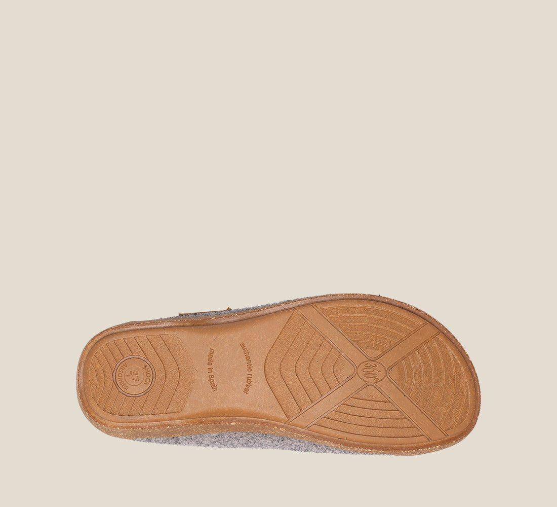 Outsole Angle of Woollery Grey Two-tone wool slip on clog with cork detail, a footbed, & rubber outsole 36