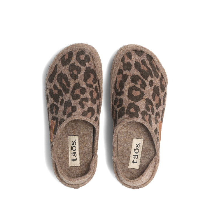 Top down image of Taos Footwear Convertawool Tan Leopard Wool Size 36