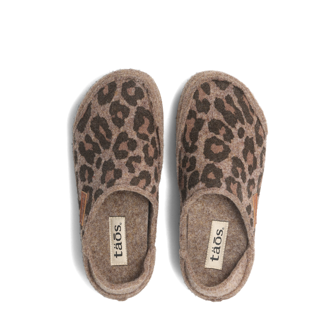 Top down image of Taos Footwear Convertawool Tan Leopard Wool Size 36