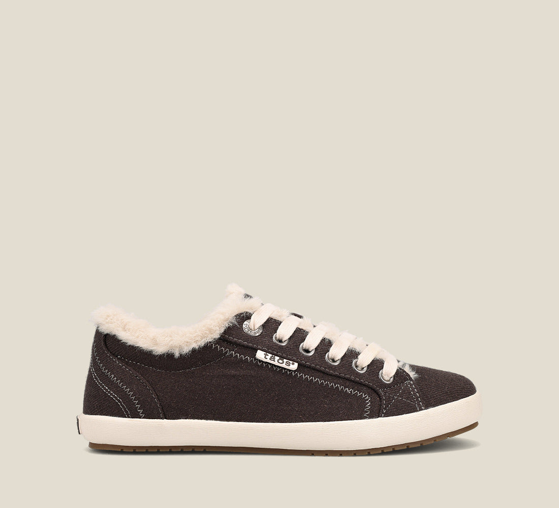 "Side image of Star Charcoal Canvas sneaker with laces,polyurethane removable footbed with rubber outsole"