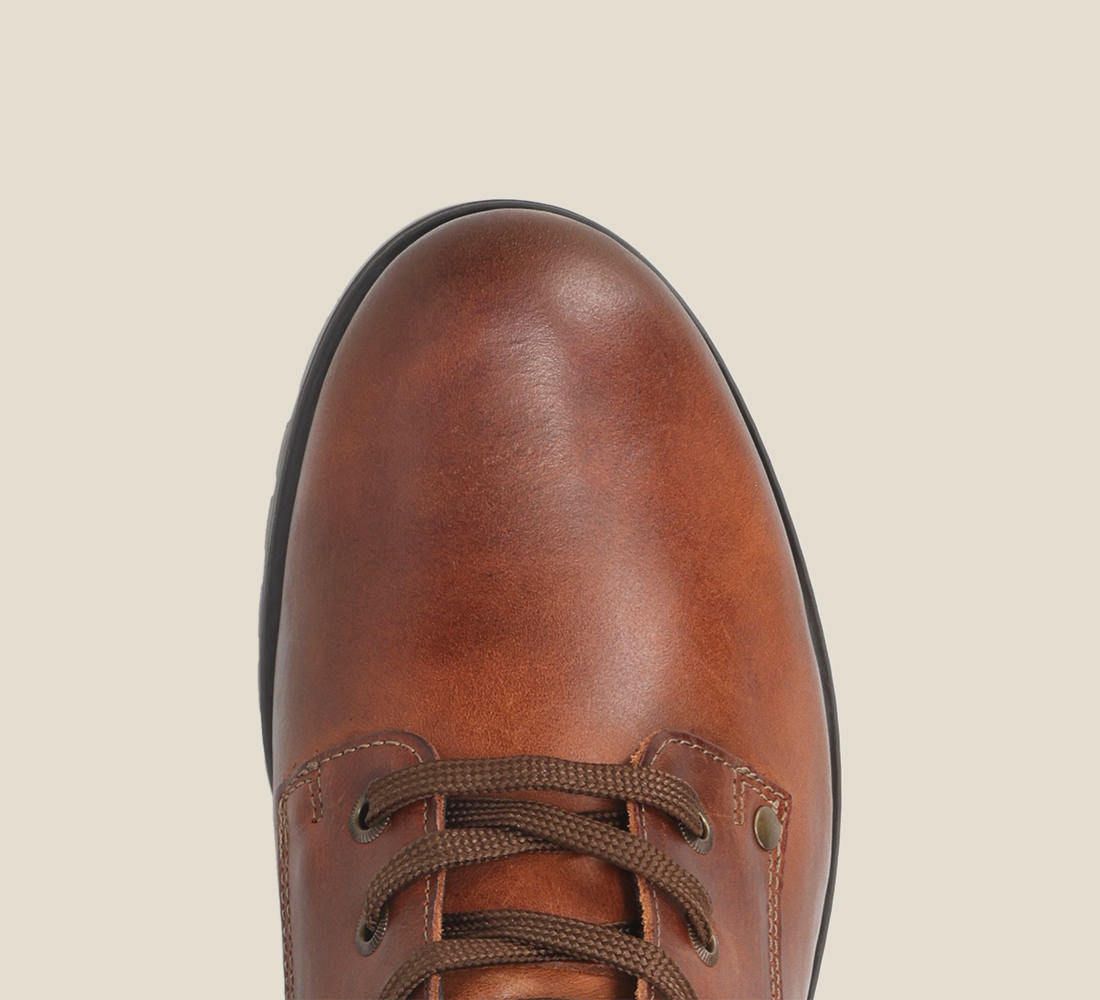Top down Angle of Gusto Cognac lace up combat boot with removable footbed and rubbe outsole