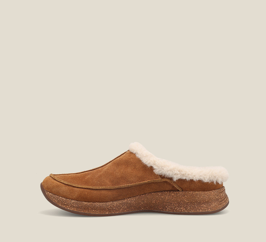Instep of Future Chestnut Suede Water resistant suede slip on clog with faux fur lining, a removable footbed, &rubber outsole 6