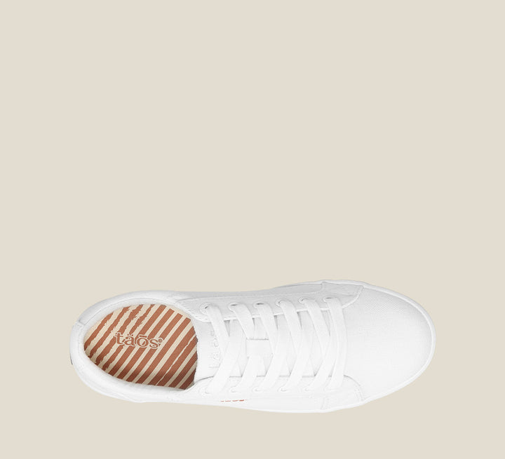 Top down Angle of Star White/White Canvas sneaker with laces,polyurethane removable footbed with rubber outsole 5