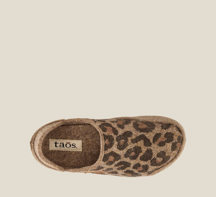 "Top down Angle of Convertawool Tan Leopard Wool Wool slip on with back, wool lined, featuring a removable footbed & TR outsole
 - size 36"