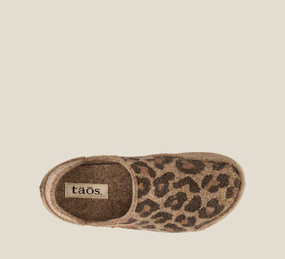 Load image into Gallery viewer, &quot;Top down Angle of Convertawool Tan Leopard Wool Wool slip on with back, wool lined, featuring a removable footbed &amp; TR outsole - size 36&quot;
