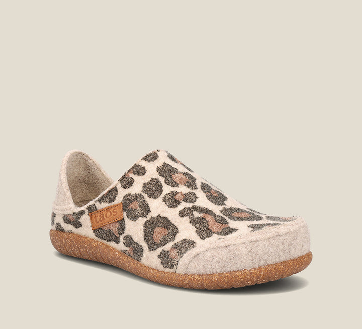 "Hero image of Convertawool Stone Leopard Wool Wool slip on with back, wool lined, featuring a removable footbed & TR outsole"