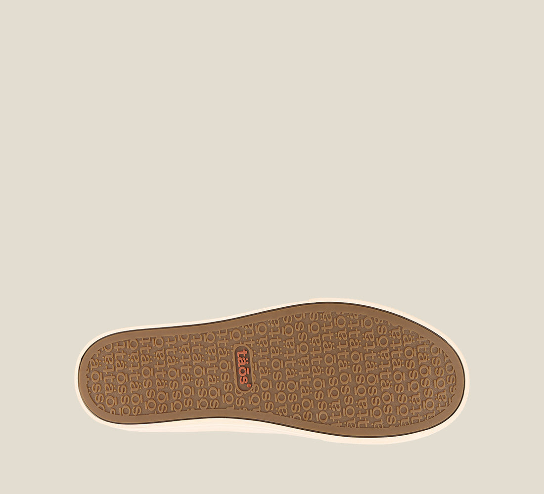 Outsole Angle of Twin Gore Lux Caramel Leather double gore slip on featuring our curves & pods removable footbed &rubber outsole 6