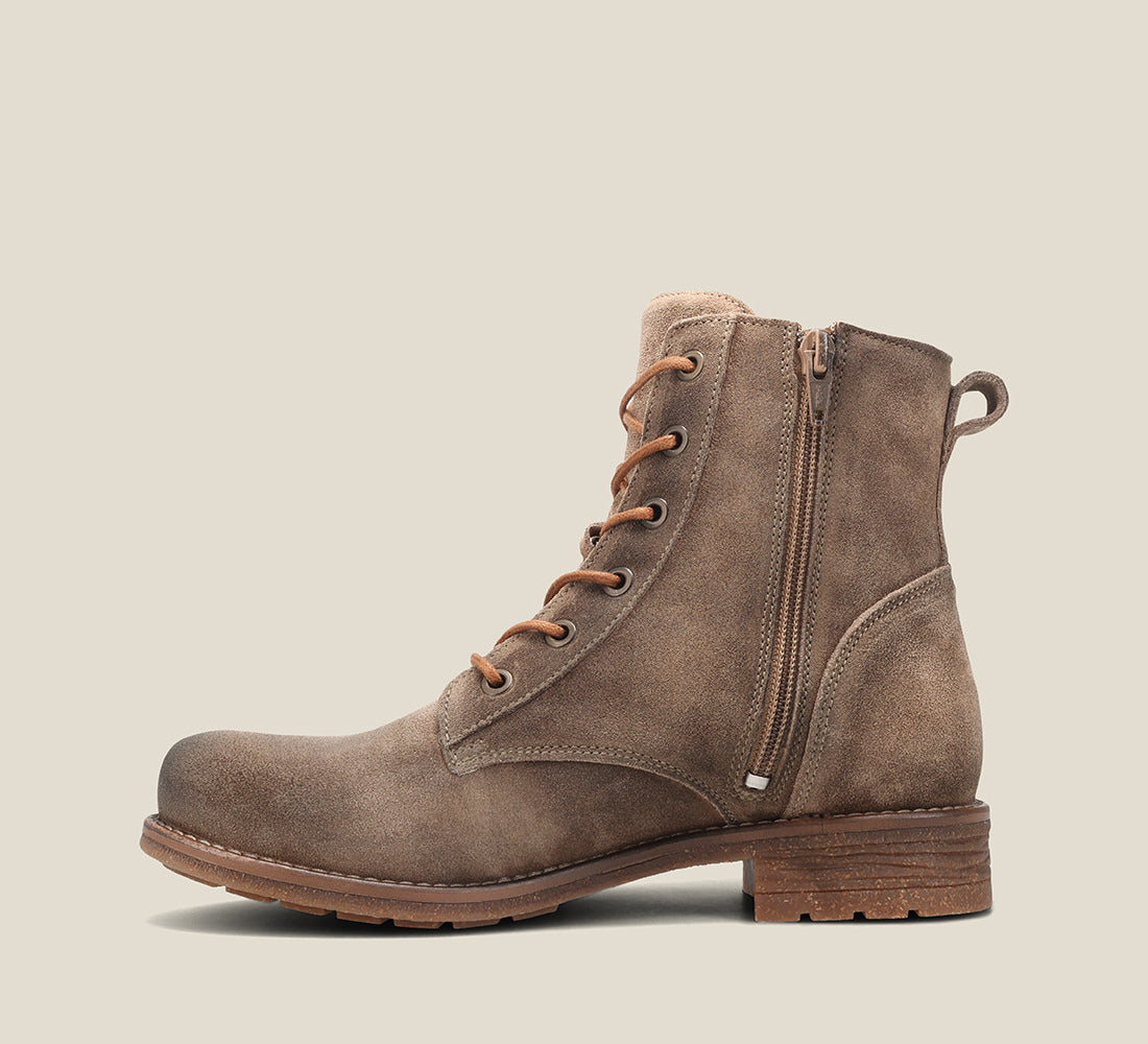 Outside Angle of Boot Camp Smoke Rugged leather boot with an inside leather & faux fur lined with a footbed & TR outsole