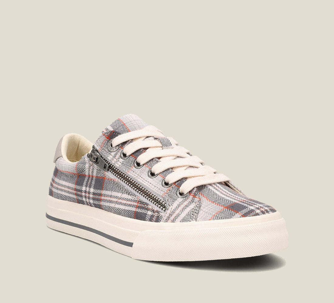 "Hero image of Z Soul Grey Plaid Canvas lace up sneaker featuring an outside zipper, Curves & PodsÂ® polyurethane removable footbed with Soft Supportâ„¢, and durable, flexible rubber outsole."