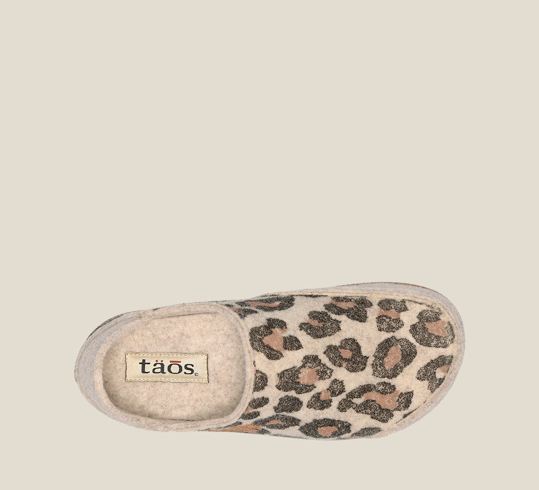 "Top image of Convertawool Stone Leopard Wool Wool slip on with back, wool lined, featuring a removable footbed & TR outsole"